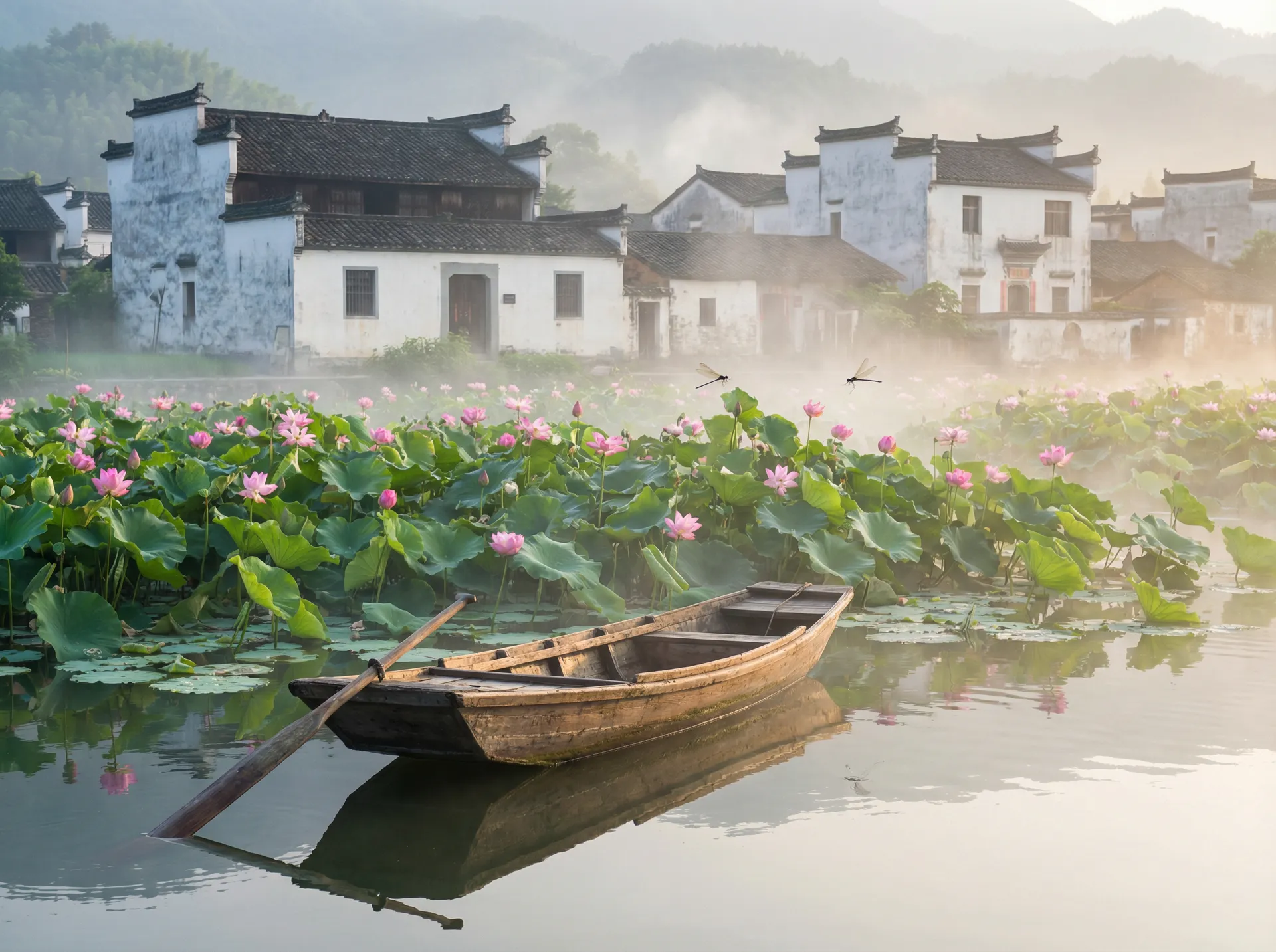 清晨荷塘小舟，粉色荷花盛开，白墙黑瓦的村庄 - 打炮， 水乡风情